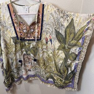 John Mark Embroidered Jungle Tunic L/XL Poncho Safari Animals Shirt Resort Green